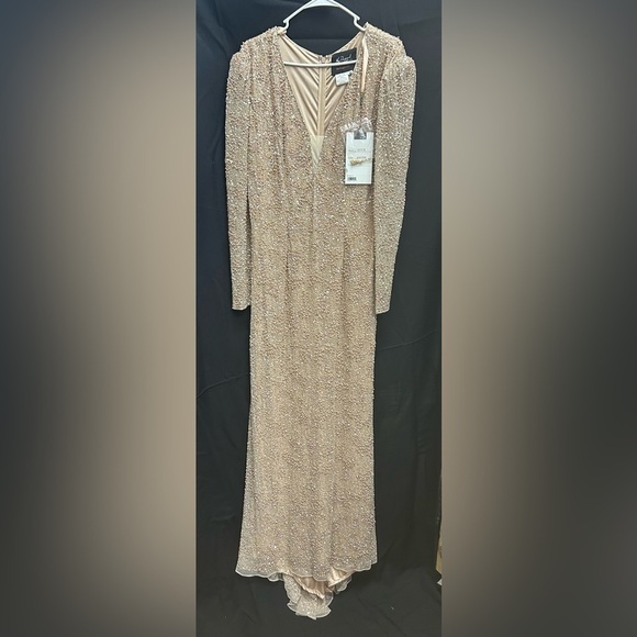 Mac Duggal 5177 NWT BEADED ILLUSION PLUNGE NECK LONG SLEEVE GOWN - Picture 4 of 6